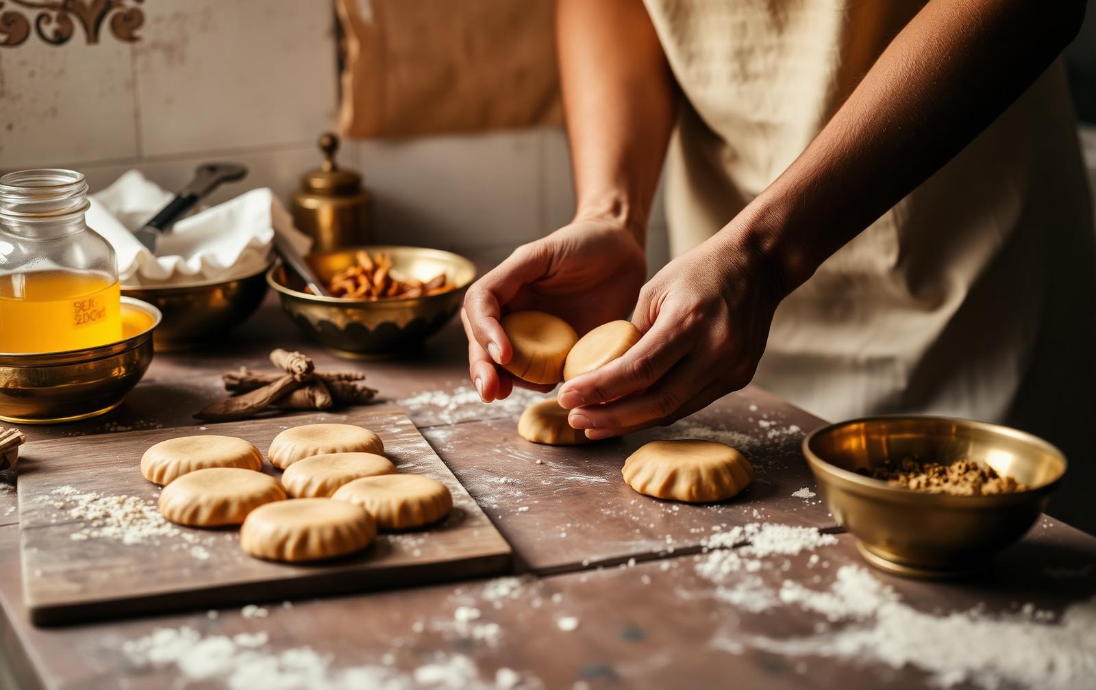 Hands shaping eggless biscuit dough in a kitchen with whole spices and desi ghee