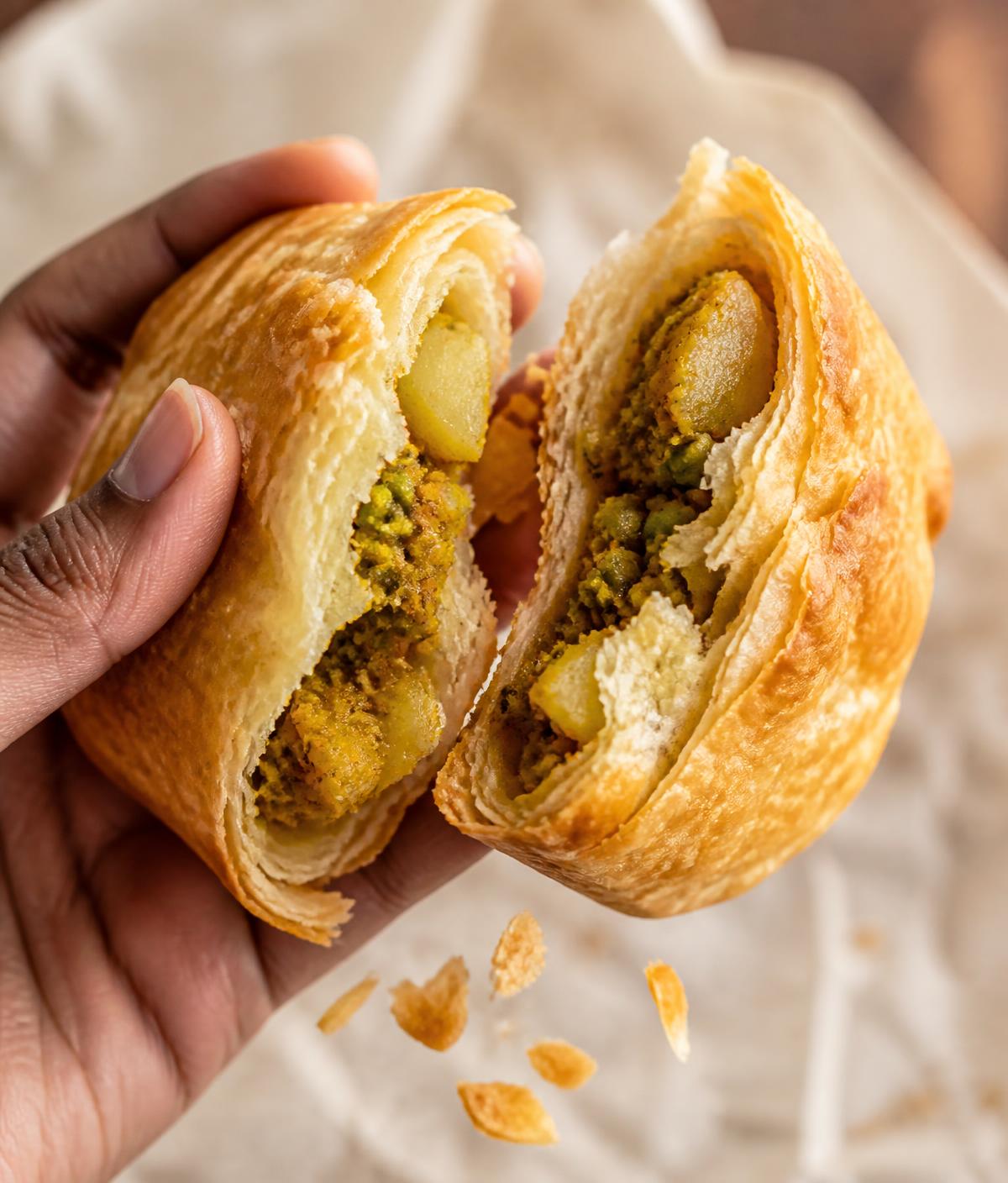 Eggless Punjabi potato patty broken open showing spiced filling