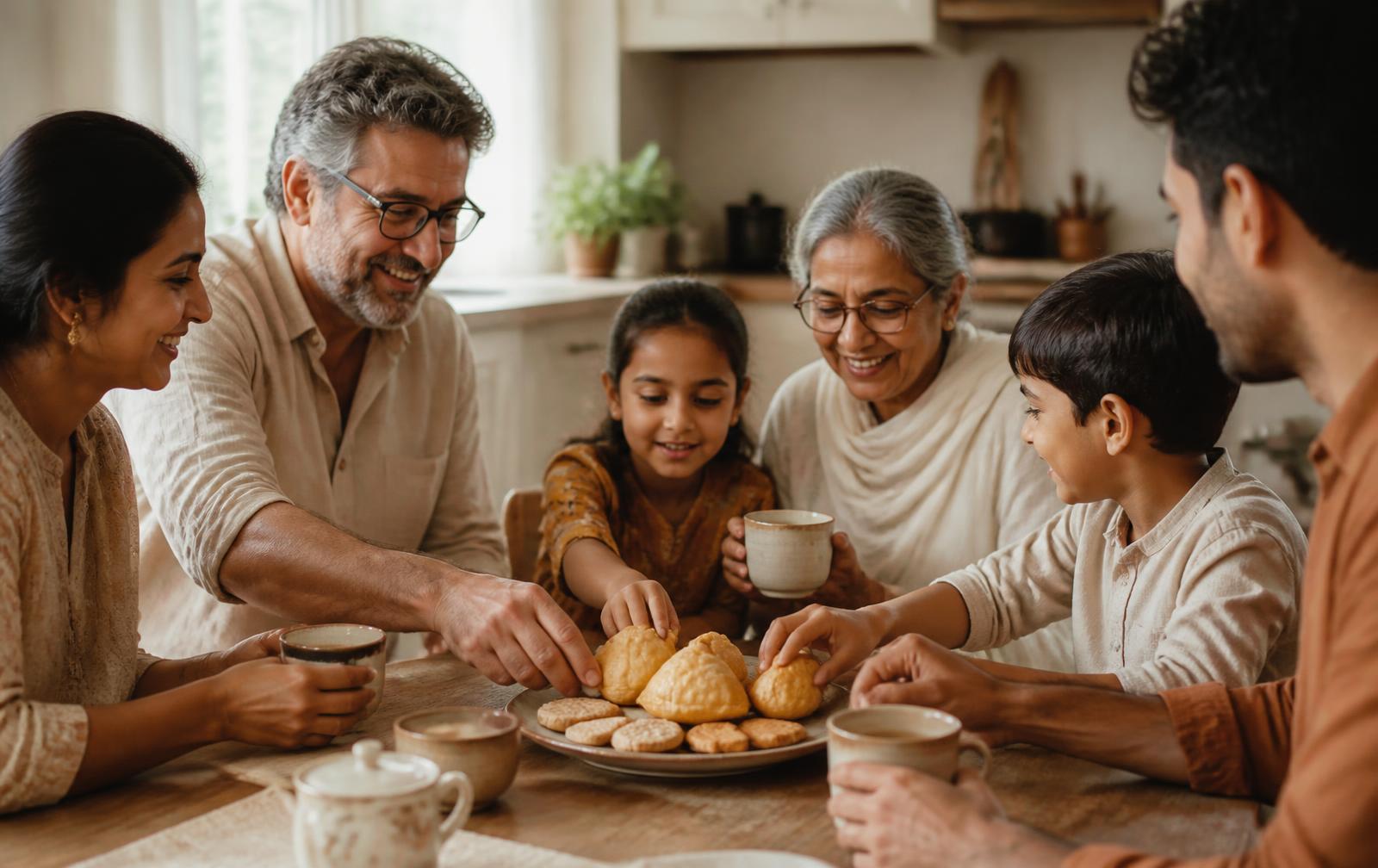 Family sharing eggless Indian bakery biscuits and Punjabi patties with chai
