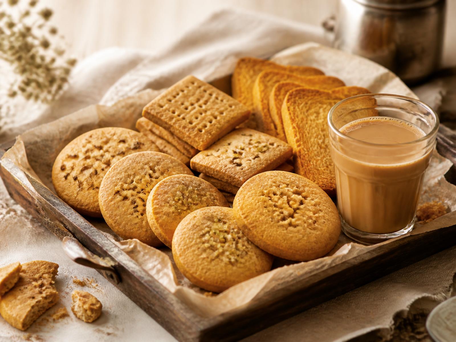 Tray of traditional eggless Indian bakery biscuits and cookies beside a glass of masala chai