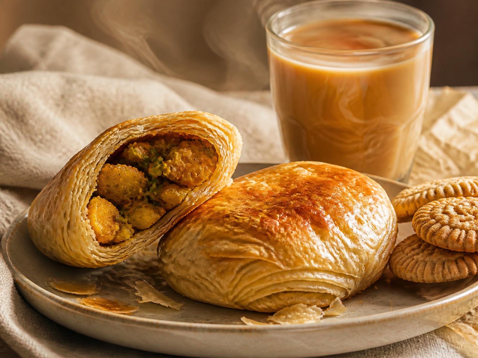 Flaky eggless Punjabi potato patties with masala chai and traditional Indian bakery biscuits