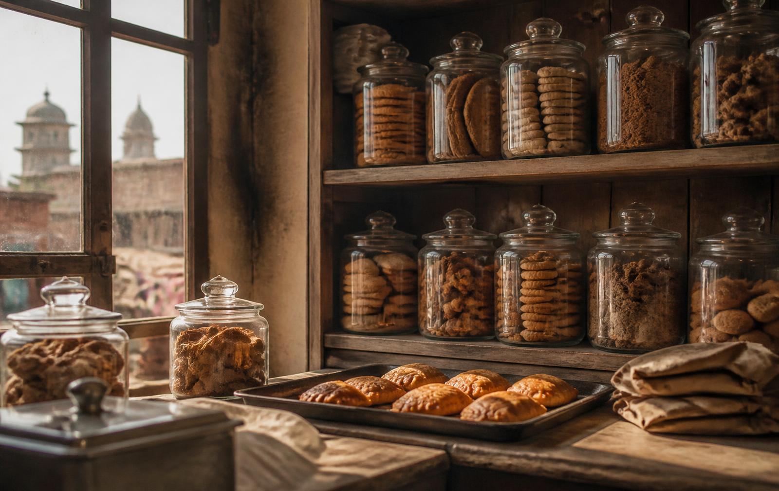 Traditional Punjabi bakery counter with jars of biscuits and a tray of patties
