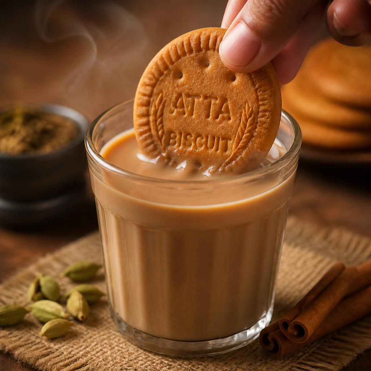 A traditional eggless atta biscuit being dunked into a glass of masala chai