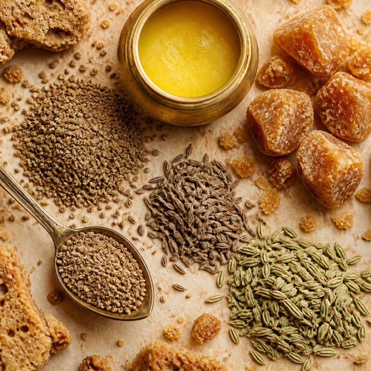 Ajwain, cumin, fennel, jaggery and desi ghee laid out on parchment with biscuit crumbs