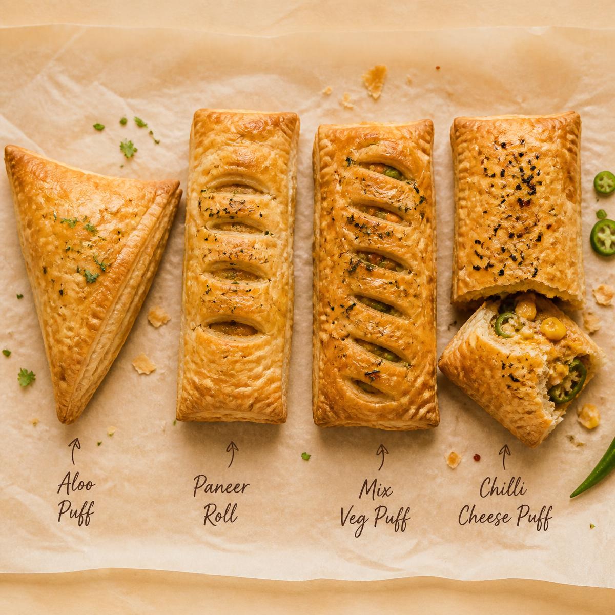 All Mix Puff Pack — 1 of Each - eggless Punjabi patty